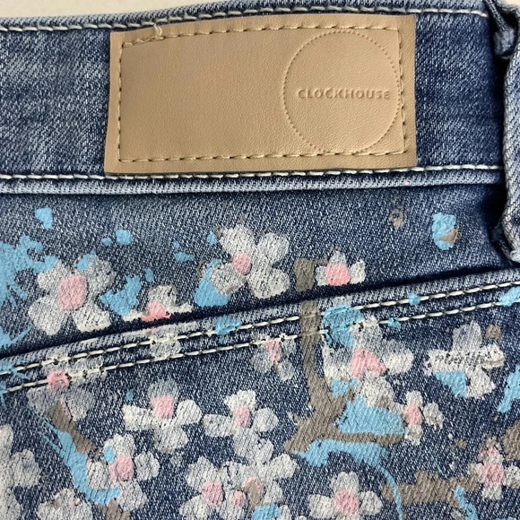 Clockhouse Super Skinny Jeans Distressed Faded Frayed Small Blue Painted Floral - Picture 8 of 14
